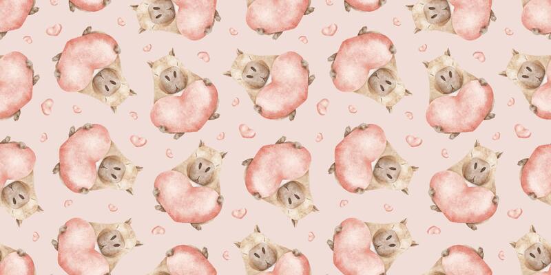 Capybaras holding red hearts. Valentine's Day background with love rodent in love. Watercolor seamless pattern on pink background of guinea pig for February 14, wallpaper, textile, wrapping paper