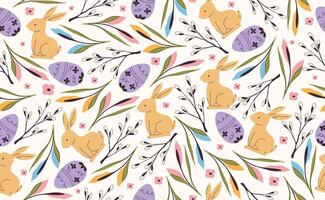 Modern Easter seamless pattern with egg, crocus, willow, rabbit, spring flowers. Happy Easter pattern in flat style for background, kids textiles, posters, banners, greeting cards. illustration vector