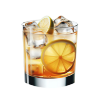A glass of whiskey with ice and lemon slices png
