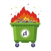 a green garbage container in which a fire burns. vector