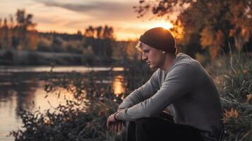 A man sitting by the river at sunset photo