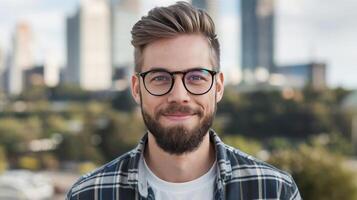 A man with glasses and a beard is smiling photo