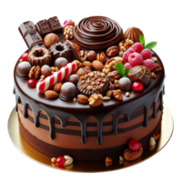 A chocolate cake with nuts and candy on top png