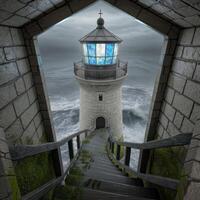 A lighthouse is shown through a door with stairs leading to the ocean photo
