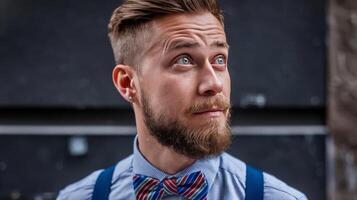 A man with a beard and bow tie looking up photo