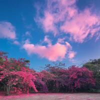 Pink flowers in the sky with clouds in the background photo