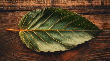 A leaf on a wooden table photo