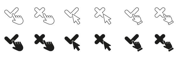 Cursor Click Hand And Arrow With X Line And Solid Icon Set. Interactive Pointer And Cross Symbol Collection. Isolated Illustration vector