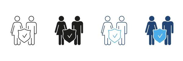 Man And Woman With Shield Line and Silhouette Icon Set. Security And Safety For Family Outline and Solid Symbol. Editable Stroke. Isolated Illustration vector