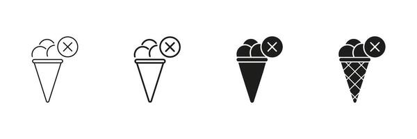 Ice Cream Cone Line and Silhouette Icon Set with Topping and Sprinkles with Cancel Symbol Indicating No Ice Cream Allowed. Editable Stroke. Isolated Illustration vector