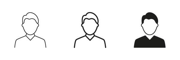 Man Line and Silhouette Icon Set. Basic Male Avatar Icon with Short Hair and Collar. Editable Stroke. Isolated Illustration vector