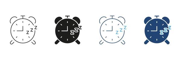 Classic Alarm Clock Line and Silhouette Icon, Sleep Timing Concept. Regular Sleep Schedules, Health, and Wellness. Editable Stroke. Isolated Illustration vector
