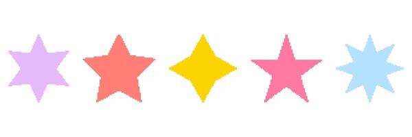 Colorful Star Pixelated Icon Set. Pixel Art Symbol Collection Of Vibrant Stars In Various Shapes And Colors. Isolated Illustration vector