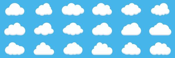 Cloud shapes and types icon set. Weather and meteorology white symbol collection. Isolated illustration vector