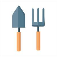 Gardening tools including a trowel and garden fork displayed in a flat lay on white backdrop vector