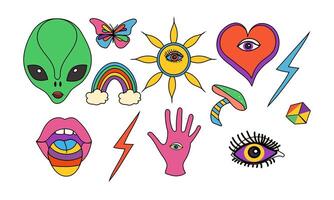 A collection of colorful retro cartoon illustrations including an alien, rainbow and other groovy elements vector