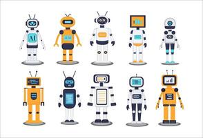 Ten unique, stylized robots stand ready, displaying various interfaces and designs for a modern tech feel vector