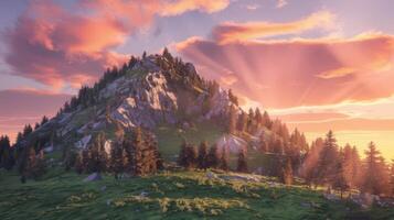 A mountain with trees and a sunset photo