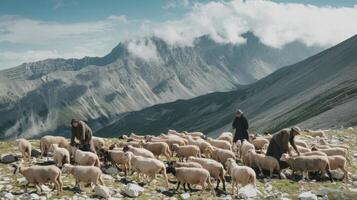 Shepherds herding sheep in the mountains photo