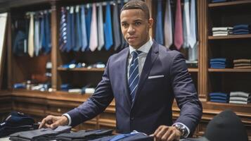 A man in a suit is standing in front of a rack of suits photo