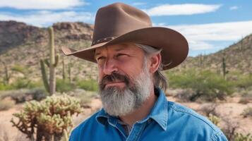 A man with a beard and a cowboy hat in the desert photo