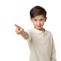 Kid Boy pointing to something. He is wearing a shirt. isolated on transparent background png