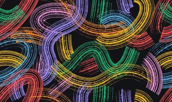 Seamless pattern spiral brush strokes with spray texture. Hand drawn endless banner with thick colorful curved brush strokes. Art distress texture on black background. seamless pattern vector