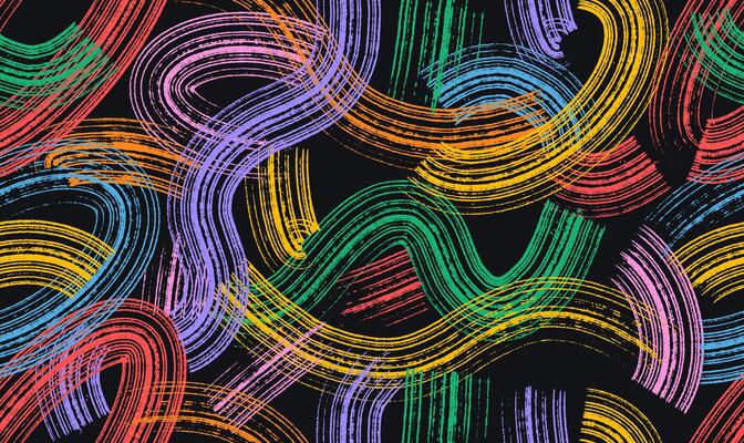 Seamless pattern spiral brush strokes with spray texture. Hand drawn endless banner with thick colorful curved brush strokes. Art distress texture on black background. seamless pattern