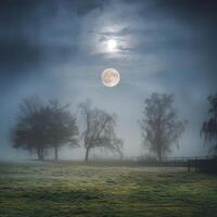 A full moon is seen over a field with trees photo