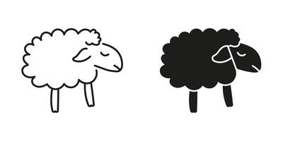 Sleeping Sheep Line and Silhouette Icon Set. Peaceful Rest and Counting Sheep Symbol. Bedtime Rest and Calm Night. Relaxation Aid. Editable Stroke. Isolated Illustration vector