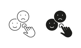 Customer Satisfaction Sign. Feedback Line and Silhouette Icon Set. Cursor Click On Good Or Bad Emoticon Pictogram. Social Media App Review Symbol. Editable Stroke. Isolated Illustration vector