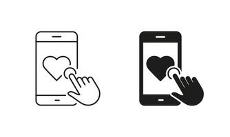 Social Media Notification Symbol. Like Button Line and Silhouette Icon Set. Click On Heart Shape Button In Smartphone Pictogram. Editable Stroke. Isolated Illustration vector