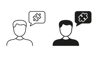 Men and Puzzle Piece in Speech Bubble Line and Silhouette Icon Set. Male Thinks about Business Cooperation. Editable Stroke. Isolated Illustration vector