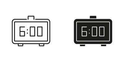 Digital Alarm Clock Showing 6.00 Line and Silhouette Icon Set. Morning Wake Up Time Display Symbol. Editable Stroke. Isolated Illustration vector