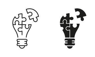 Puzzle in Lightbulb Shape Line and Silhouette Icon Set. Jigsaw and Light Bulb, Inspiration for Innovation Pictogram. Editable Stroke. Isolated Illustration vector