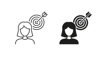 Human Strategy, Aim. Accuracy Target, Dartboard and Arrow Symbol. Focused and Object Oriented Woman Line and Silhouette Icon Set. Editable Stroke. Isolated Illustration vector