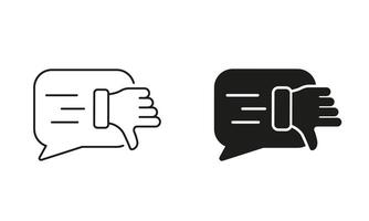 Thumb Down With Speech Bubble. Negative Review, Bad Feedback Line and Silhouette Icon Set. Disappointed Customer Pictogram. Dislike Symbol. Editable Stroke. Isolated Illustration vector