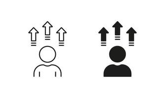 Development in Stock Market Symbol. Progress in Business, Career Success Pictogram. Team Growth Up Line and Silhouette Icon Set. Promotion Sign. Editable Stroke. Isolated Illustration vector