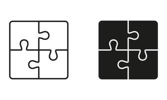 Puzzle, Combination Solution Line and Silhouette Icon Set. Jigsaw Square Pieces Match Pictogram. Teamwork, Idea, Challenge Logic Game Sign. Editable Stroke. Isolated Illustration vector