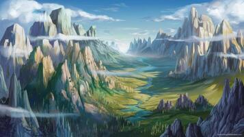A painting of a mountain valley with clouds and trees photo