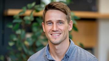 A man smiles for the camera in front of a plant photo