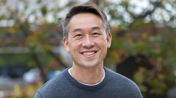 A man smiles while standing in front of trees photo