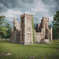 An old castle in the middle of a field photo