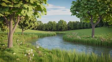 A river in a green field with trees and grass photo