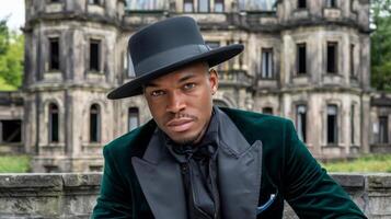 A man in a suit and hat sitting in front of an old building photo