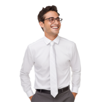 A man wearing a white shirt and a tie is smiling isolated on transparent background png