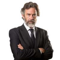 A man with a beard and a tie is standing with his arms crossed isolated on transparent background png