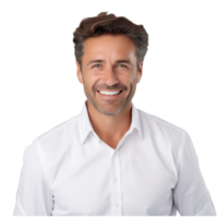man with a white shirt and a beard is smiling isolated on transparent background png