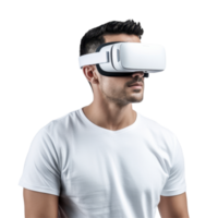 Man wearing a white shirt is wearing a virtual reality headset isolated on transparent background png