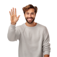 man is wearing a gray sweater and is waving isolated on transparent background png